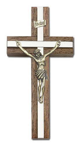 Classic Crucifix Wall Cross in Walnut and Metal Inlay 4"