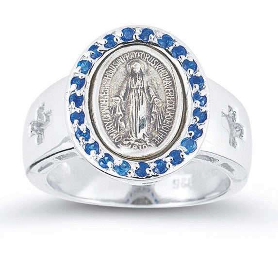 Sapphire Crystal Miraculous Medal Ring Sterling Silver for Women