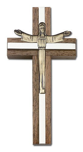 Contemporary Risen Christ Wall Cross in Walnut and Metal Inlay 4"