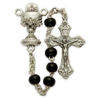 First Communion Black Wood Rosary with Chalice Centerpiece
