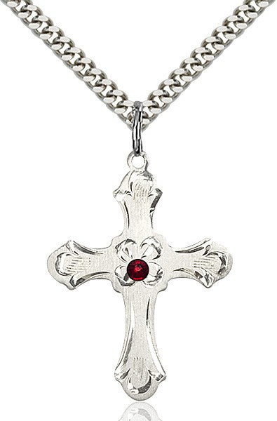 Budded Cross Pendant with Etched Border Birthstone Options