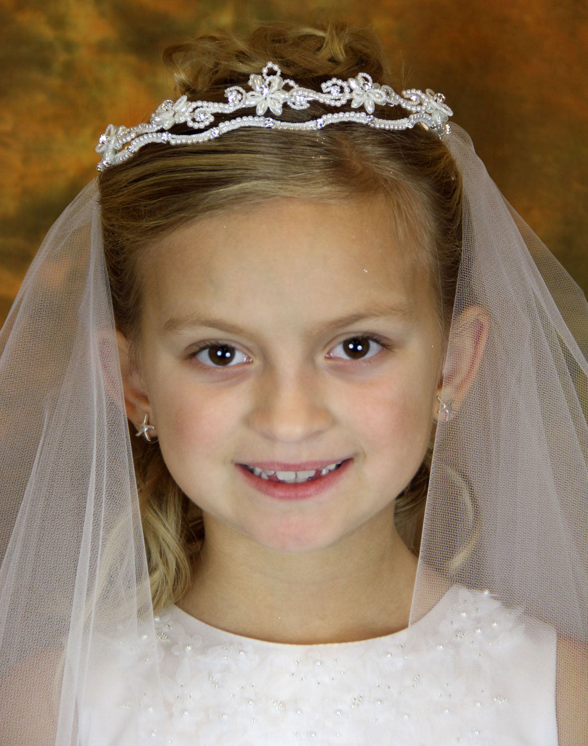 First Communion Veil with Pearl and Rhinestone Floral Headpiece