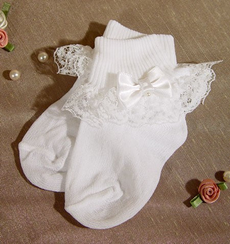 White Nylon Anklet Baptism Socks with Lace & Pearled Bow for Girls