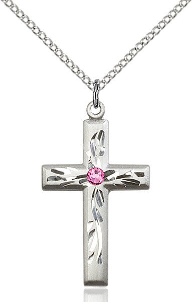 Squared Edge Cross with Vine Etching with Birthstone Options