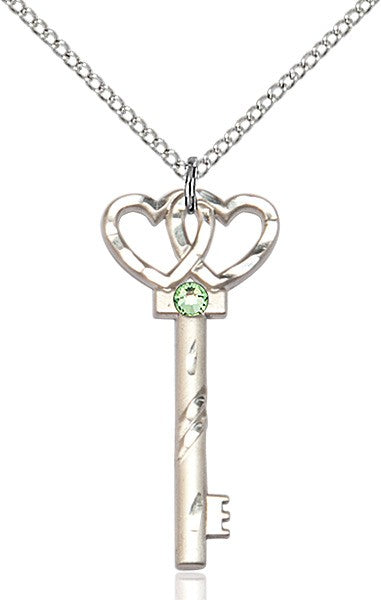 Small Key with Double Heart Pendant in Sterling Silver and Birthstone