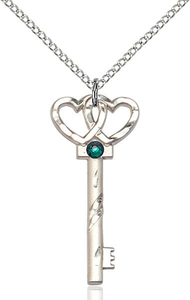 Small Key with Double Heart Pendant in Sterling Silver and Birthstone
