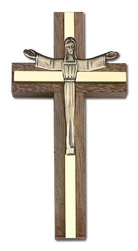 Contemporary Risen Christ Wall Cross in Walnut and Metal Inlay 4"