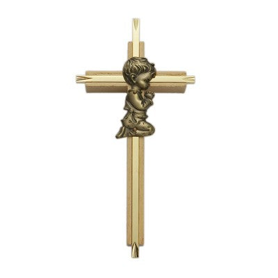 Praying Boy Oak & Brass Baby Cross - 7'H