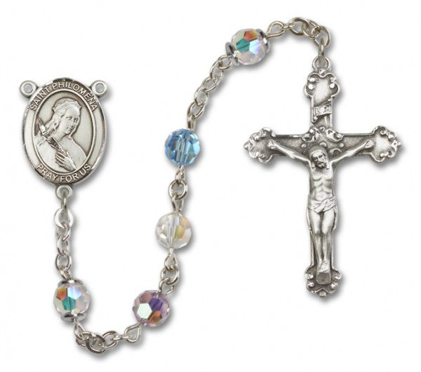 St. Philomena Sterling Silver Heirloom Rosary Fancy Crucifix