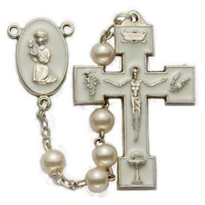 First Communion Pearl Rosary with Praying Girl Centerpiece