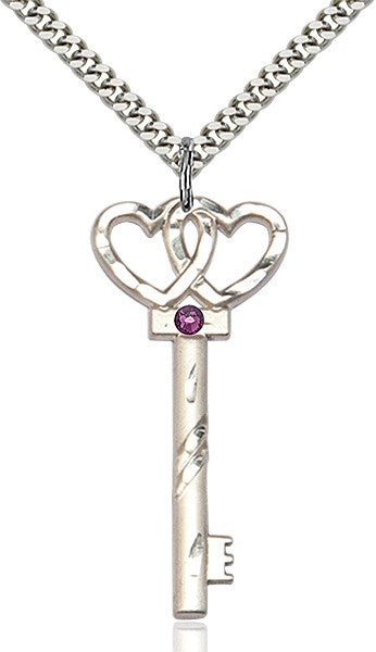 Larger Double Hearts Key Pendant with Birthstone