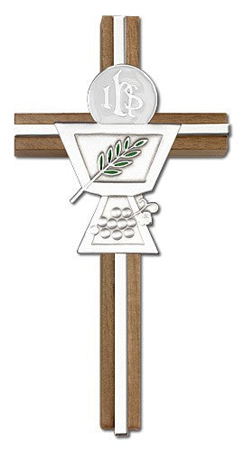 First Communion Chalice and Holy Host Wall Cross in Walnut Wood and Metal Inlay - 6 inch