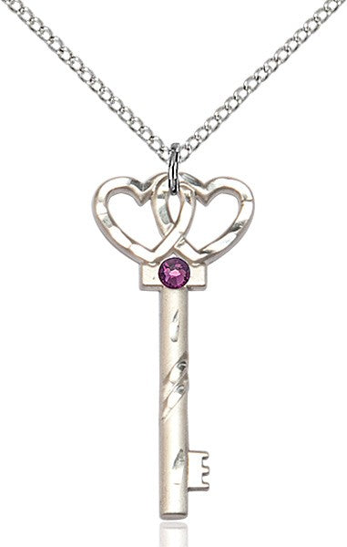 Small Key with Double Heart Pendant in Sterling Silver and Birthstone