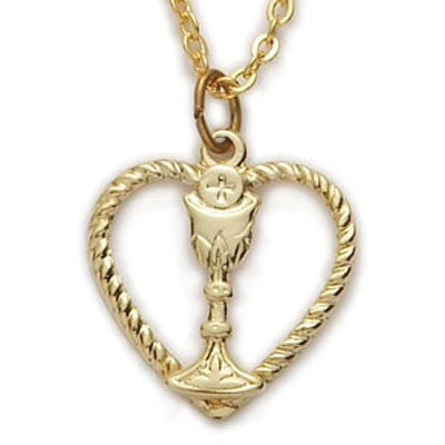 First Communion Heart Shaped Necklace with Chalice Center - Gold
