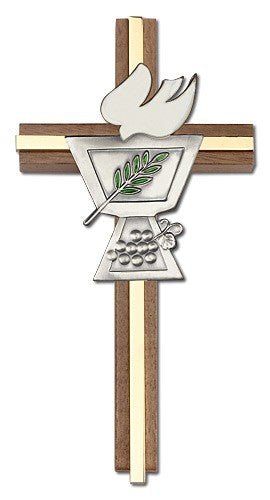 Confirmation Chalice and Dove Wall Cross in Walnut Wood with Metal Inlay 6'