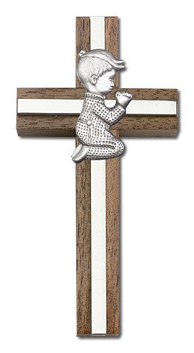 Praying Boy Cross in Walnut 4" with Metal Inlay