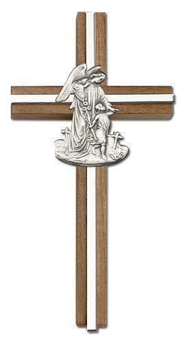 Guardian Angel 6" Wall Cross in Walnut Wood and Metal Inlay