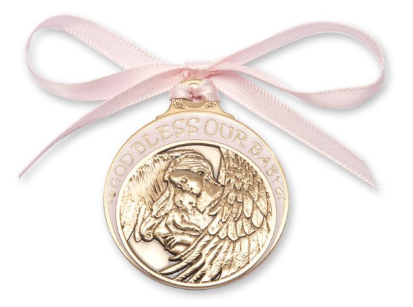 Pink Ribbon Guardian Angel Crib Medal in Brass for Girls