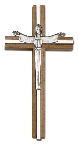 Contemporary Risen Christ Wall Cross in Walnut and Metal Inlay 6"