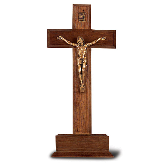 Standing Walnut Crucifix with Gold-tone Corpus and Base- 10 inch