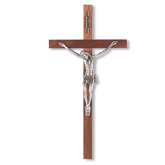 Slimline Wall Cross in Walnut Wood Goldtone Corpus - 13 inch