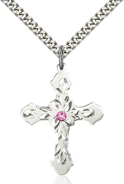 Floral and Petal Cross Pendant with Birthstone Options