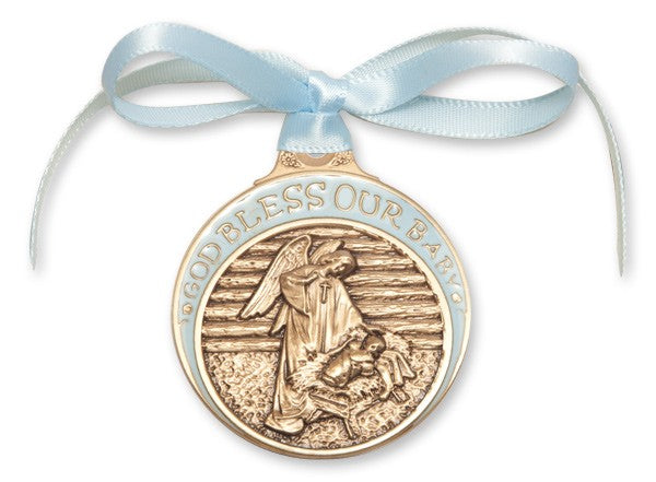 Blue Ribbon Angel in Manger Crib Medal in Brass for Boys