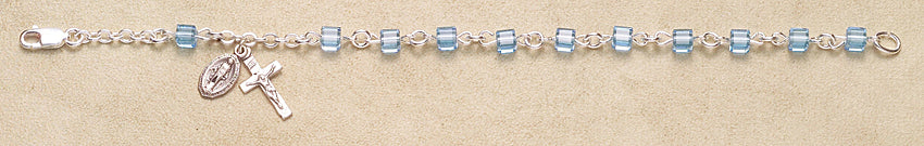 Rosary Bracelet - Sterling Silver with Aqua Swarovski Cube
