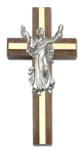 Risen Christ Wall Cross in Walnut and Metal Inlay 4"
