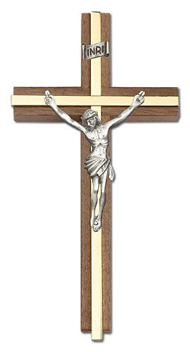 Classic Crucifix Wall Cross in Walnut and Metal Inlay 6"