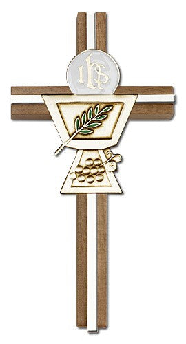First Communion Chalice and Holy Host Wall Cross in Walnut Wood and Metal Inlay - 6 inch