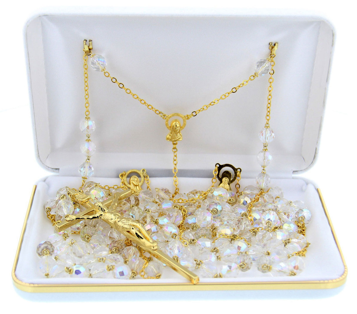 Gold Tone Crystal Bead Lasso Wedding Rosary