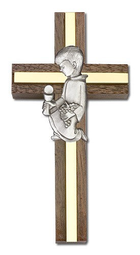 First Communion Boy Wall Cross in Walnut and Metal Inlay 4 inch