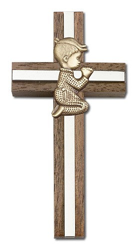 Praying Boy Cross in Walnut 4" with Metal Inlay