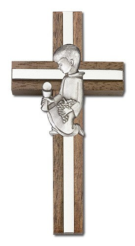 First Communion Boy Wall Cross in Walnut and Metal Inlay 4 inch