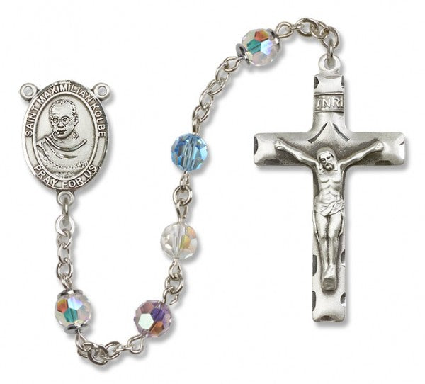 St. Maximilian Kolbe Sterling Silver Heirloom Rosary Squared Crucifix