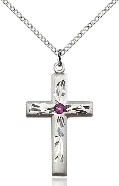 Squared Edge Cross with Vine Etching with Birthstone Options