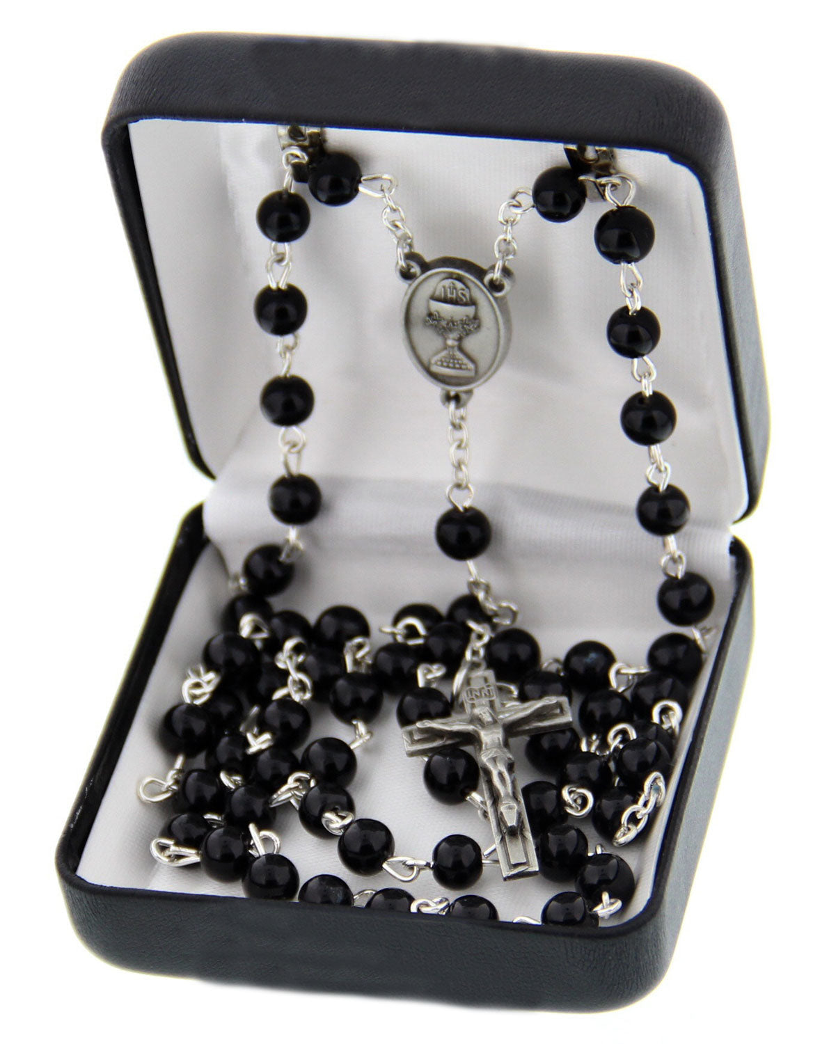 First Communion Black Wood Rosary with Chalice Centerpiece