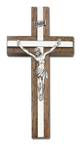 Classic Crucifix Wall Cross in Walnut and Metal Inlay 4"