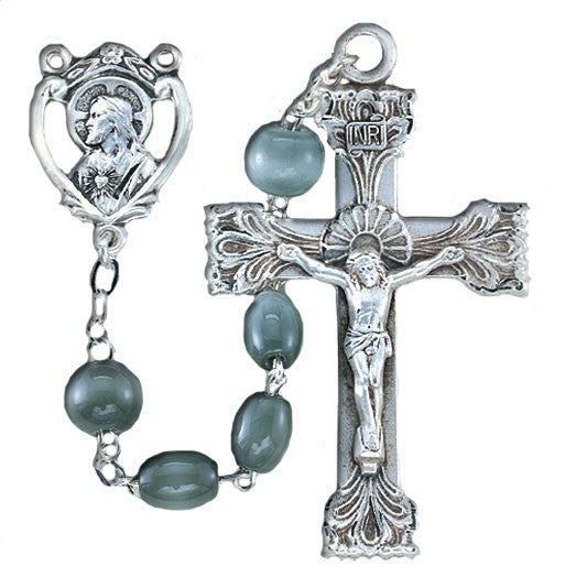 7mm Oval Grey Glass Bead Rosary in Sterling Silver