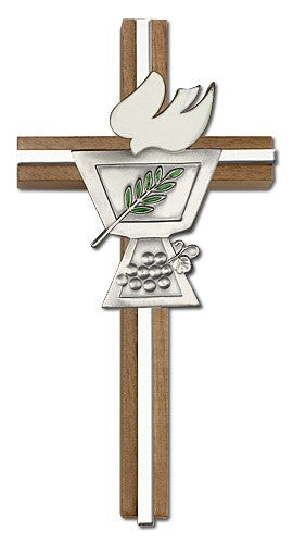 Confirmation Chalice and Dove Wall Cross in Walnut Wood with Metal Inlay 6'