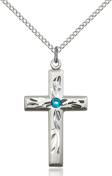 Squared Edge Cross with Vine Etching with Birthstone Options