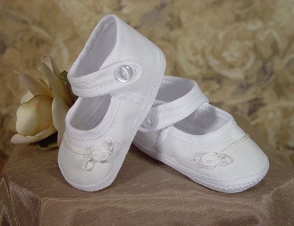 Cotton Batiste Baptism Shoe with Rosebud for Girls