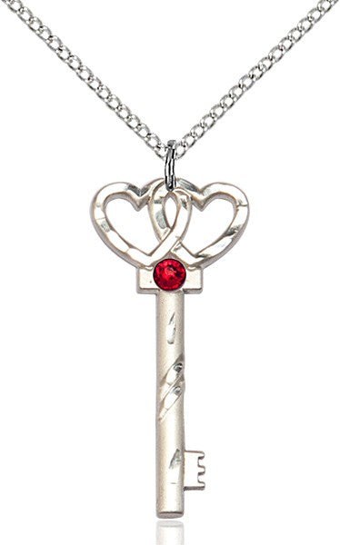 Small Key with Double Heart Pendant in Sterling Silver and Birthstone