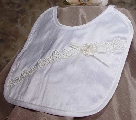 Girls Silk Dupioni Baptism Bib with Rosette & Ribbon
