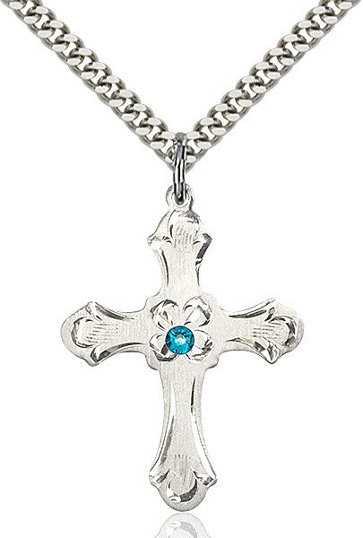 Budded Cross Pendant with Etched Border Birthstone Options