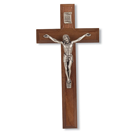 Walnut Wall Cross with Pewter Jesus and INRI Plaque - 7 inch