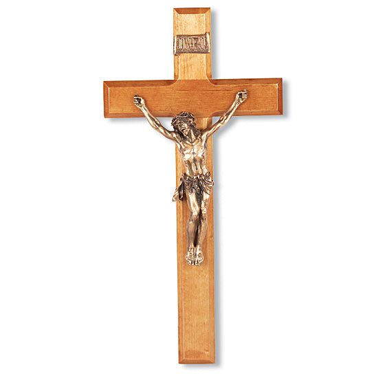 Gold-tone Corpus and Natural Cherry Wood Wall Crucifix - 12 inch