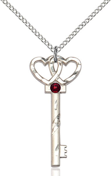 Small Key with Double Heart Pendant in Sterling Silver and Birthstone