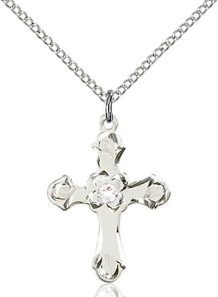 Medium Budded Cross Pendant with Etched Border Birthstone Options
